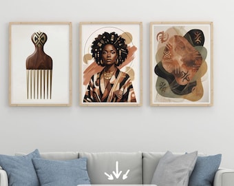 Afrocentric Wall Art Set, Black Woman Portrait, Boho Tribal Prints (Digital Download)