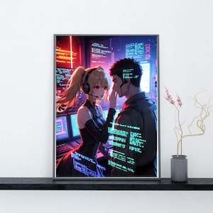 Póster de pareja de anime cyberpunk, arte mural de hacker neón, decoración futurista para gamers (descarga digital)