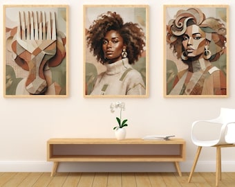 African American Wall Art Set, Black Woman Portrait, Afrocentric Boho Decor (Digital Download)