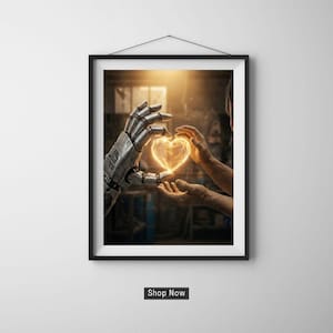Puede incluir: Impresión artística enmarcada que representa un corazón brillante sostenido entre una mano robótica metálica y una mano humana. El corazón emite una luz dorada y cálida. La obra de arte está ambientada sobre un fondo industrial borroso, con un botón 'Shop Now' en la parte inferior.