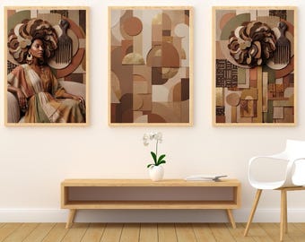 Set of 3 Afrocentric Woman Abstract Prints, Geometric Boho Gallery Wall Art (Digital Download)