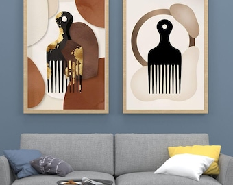 Afro Pick Wall Art Set, Abstract Neutral African American Decor (Digital Download)