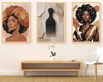 Set of 3 Afrocentric Wall Art Prints, Black Woman Boho Decor (Digital Download)
