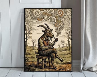Goat Smoking Pipe Vintage Printable Wall Art, Antique Woodcut Goat Gentleman Poster, Surreal Dark Academia Bar Decor, Instant Download