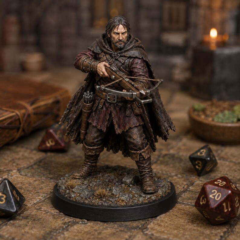 Bandit Crossbowman STL — DnD Fantasy Highway Robber Sniper Miniature 3D Print Bordsskiva bild 3
