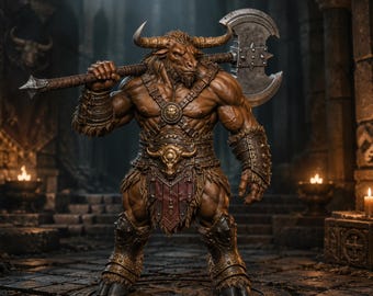 Minotaur Greataxe STL — DnD Fantasy Labyrinth Boss Miniature 3D Print Tabletop