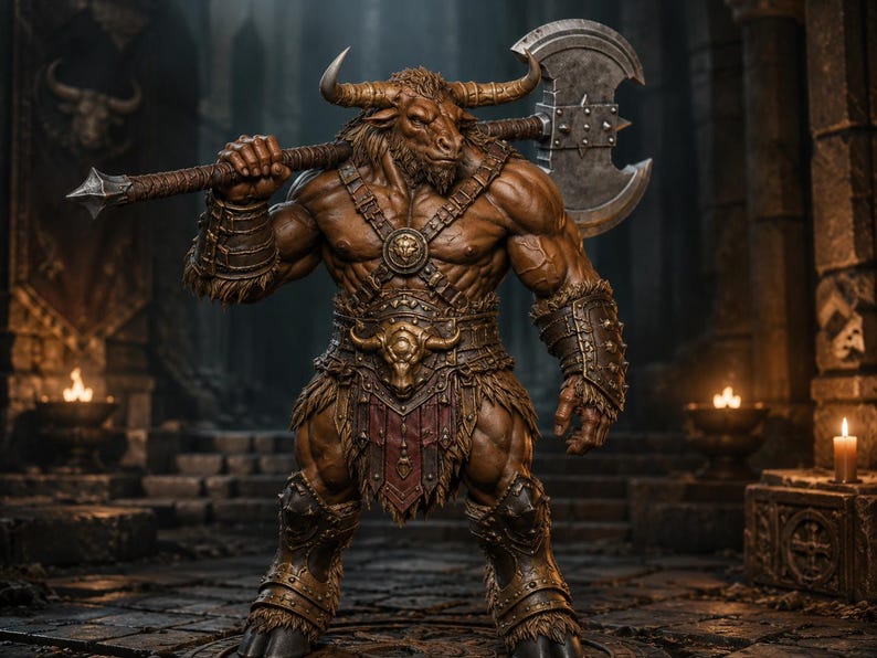 Minotaur Greataxe STL — DnD Fantasy Labyrinth Boss Miniature 3D Print Tabletop image 1