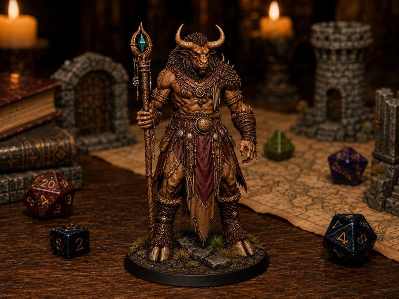 Minotaurus Mage STL — DnD Fantasy Bull Shaman Spellcaster miniatuur 3D-print tafelblad afbeelding 1
