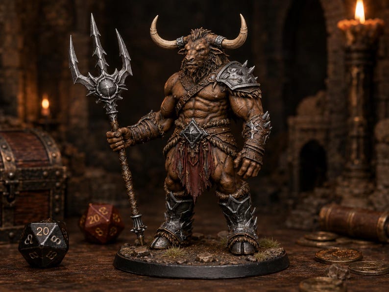 Minotaur Trident STL — DnD Fantasy Bull Gladiator Miniature 3D Print Tabletop RPG image 1