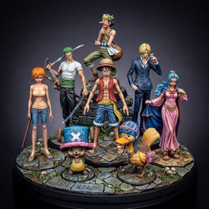 May include: A detailed figurine set featuring characters from the One Piece anime. The figures are posed on a stone base, with vibrant colors and intricate details. Characters include Luffy, Zoro, Nami, Sanji, Usopp, and Chopper.