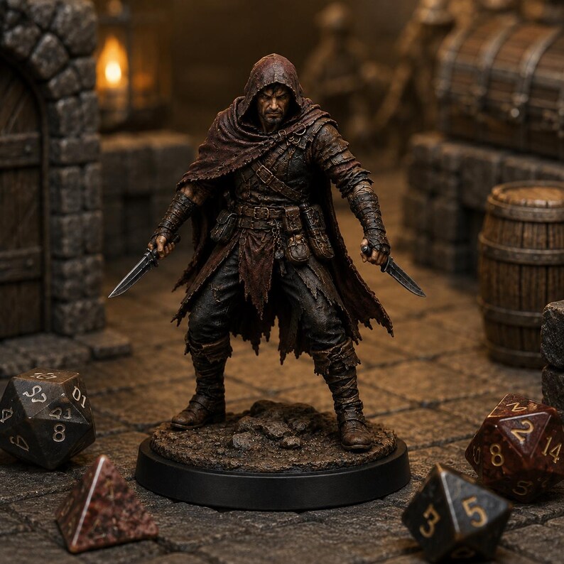 Bandido Pícaro STL — Miniatura de ladrón con dagas gemelas para DnD Fantasy, impresión 3D, juego de rol de mesa imagen 1