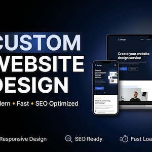 May include: A digital design showcasing a website design service. The words "CUSTOM WEBSITE DESIGN" are prominently displayed. A laptop and smartphone display website mockups. Text includes "Modern, Fast, SEO Optimized, Responsive Design, SEO Ready, Fast Loading."