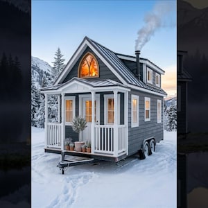 Op de afbeelding: Een klein, donkergrijs tiny house op een aanhanger, gelegen in een besneeuwd landschap. Het huis heeft een witte veranda, ramen en een schoorsteen met rook. Een kleine boom en potplanten staan op de veranda. Het huis is omgeven door besneeuwde bomen en bergen.