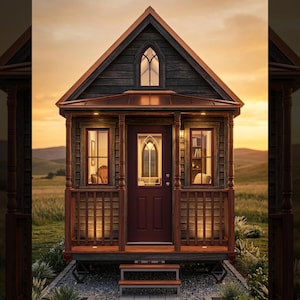 May include: A miniature wooden house with a dark brown exterior, a burgundy door, and a copper-colored roof. The house has a small porch with a railing and windows on either side of the door. The background features a field and a sunset.