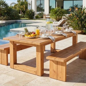 May include: A rectangular light brown wooden dining table with two matching benches. The table features thick, sturdy legs and a slatted top surface. The set is constructed from natural wood with a visible grain, providing a stable seating area.