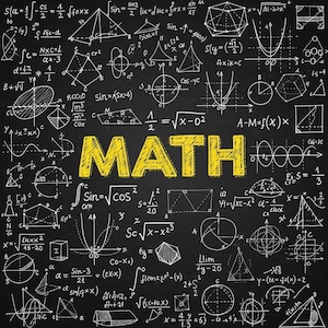 May include: A chalkboard background filled with mathematical formulas, equations, and geometric shapes. The word "MATH" is prominently displayed in yellow, stylized lettering, creating a visually engaging educational theme.