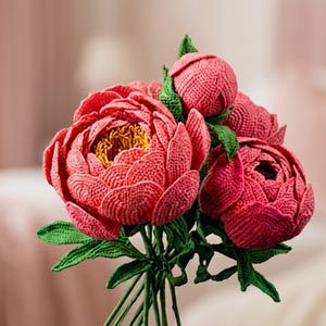 Crochet Peony Pattern PDF, Realistic Peony Flower Pattern, Botanical Bouquet & Thread Crochet Flower Stem Tutorial Download