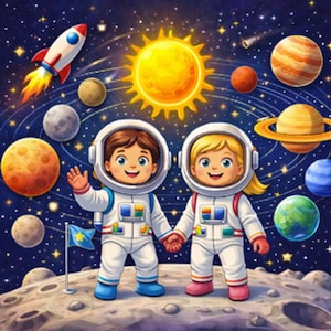 Può includere: Copertina di un libro da colorare e imparare a tema spaziale per bambini. Due astronauti dei cartoni animati si tengono per mano su una superficie lunare, con pianeti e un razzo sullo sfondo. Il testo include "Space Coloring & Learning Book".