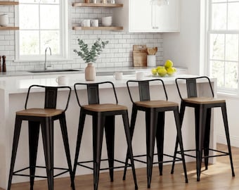 Set of 4 Metal Bar Stools, Low Back Chairs, Indoor/Outdoor Counter Height Stools, Black Stools with Wooden for Dining, Kitchen Island