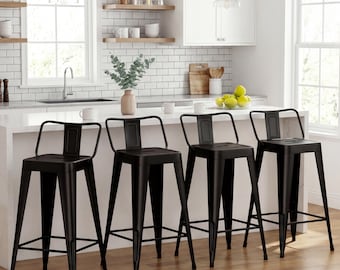 Set of 4 Metal Bar Stools, Low Back Chairs,Counter Height Stools with Removable, Black barstools for Dining, Kitchen Island