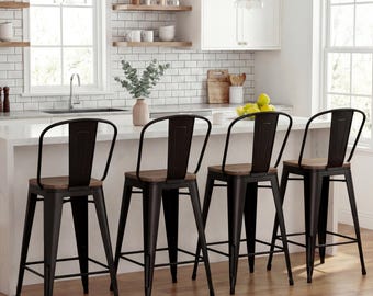 Set of 4 Metal Bar Stools, Hight Back Chairs, Indoor/Outdoor Counter Height Stools, Black Stools with Wooden for Dining, Kitchen Island