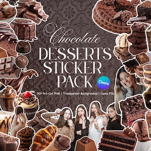 May include: A digital sticker pack collection featuring various chocolate desserts including cakes, brownies, donuts, ice cream, and pastries, with the text Chocolate DESSERTS STICKER PACK and 90+ Pre-Cut PNG | Transparent Backgrounds | Canva File.