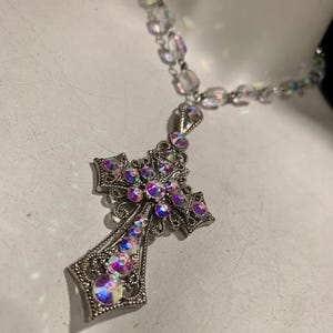 Iridescent crystal Cross beaded necklace.