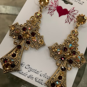 Multi colored crystals / cross earrings