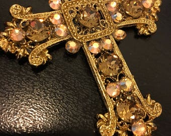 Gothic Renaissance - Antique gold and Champagne colored Crystals Cross Pendant With chain