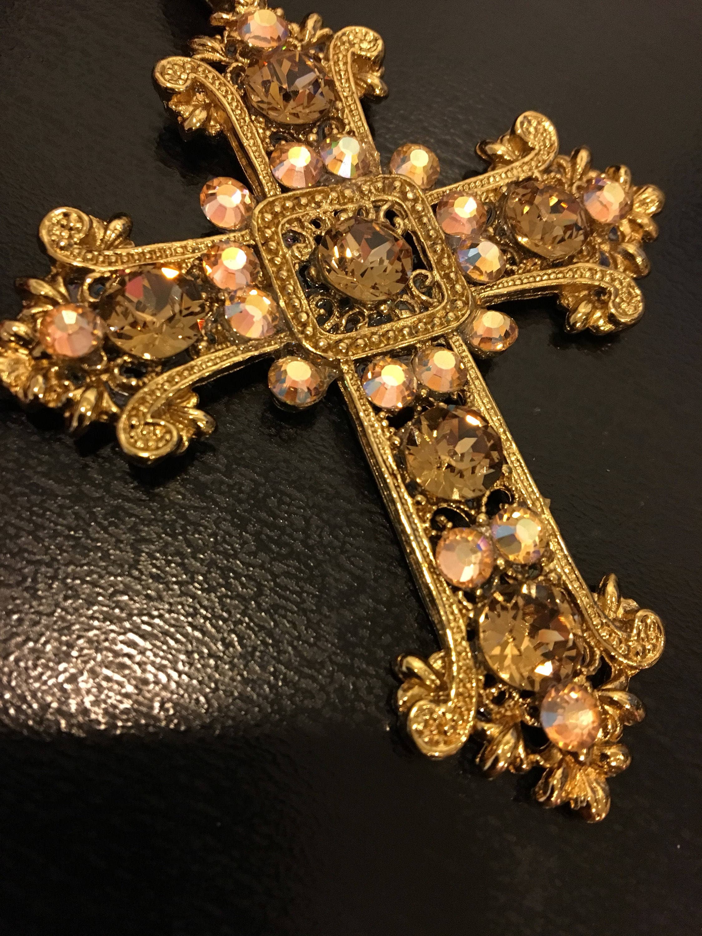 Renaissance style - Antique gold and Champagne colored Crystals Cross Pendant With chain