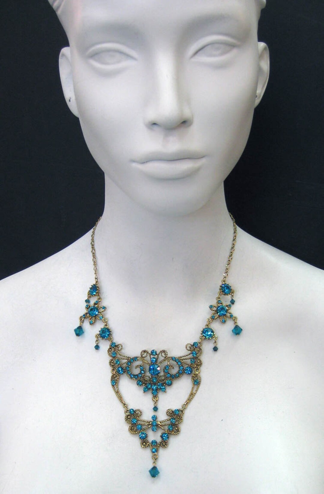 Garden Necklace Made With Blue Zircon Swarovski Crystals and Beads and Plated in 24k Gold 6119