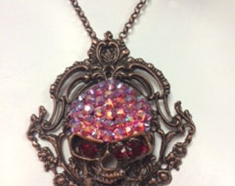 Skull Frame Pendant Copper Plated Made with Siam And Siam AB swarovski Crystals