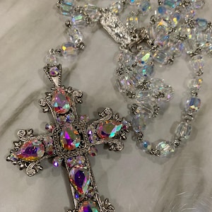 Iridescent teardrop crystal Cross Rosary