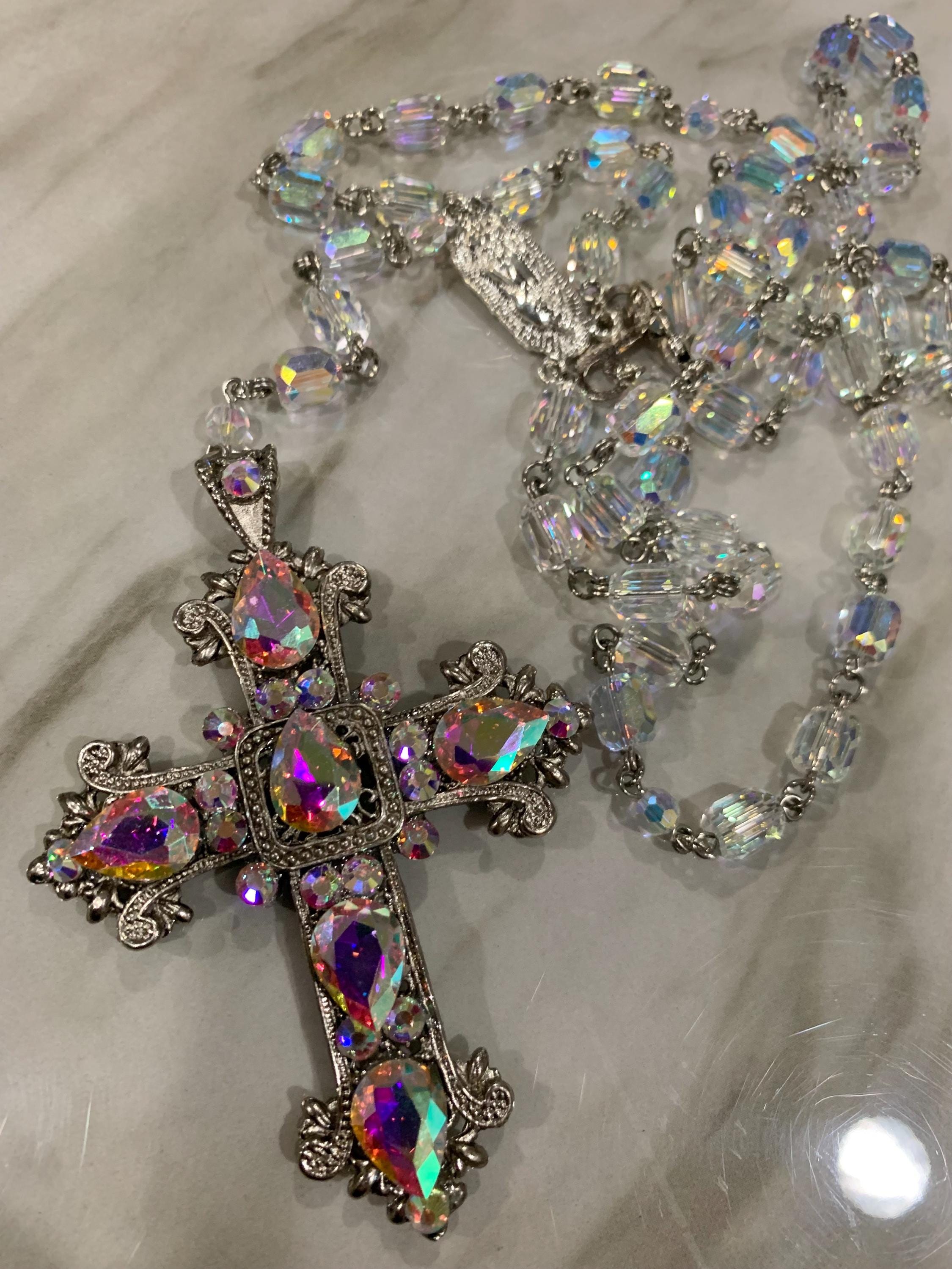 Iridescent Teardrop Crystal Cross Rosary
