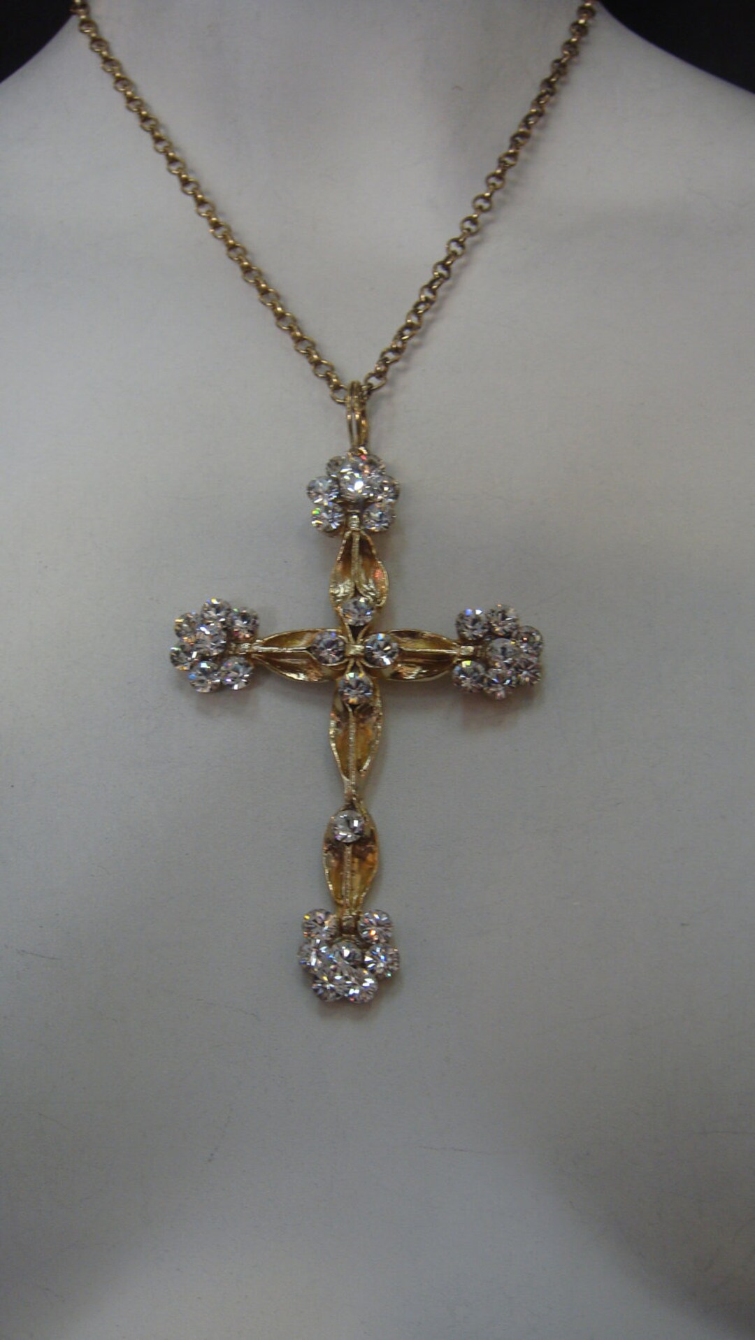 Vintage Cluster Cross 24K Gold Plated Necklace Made With Clear ...