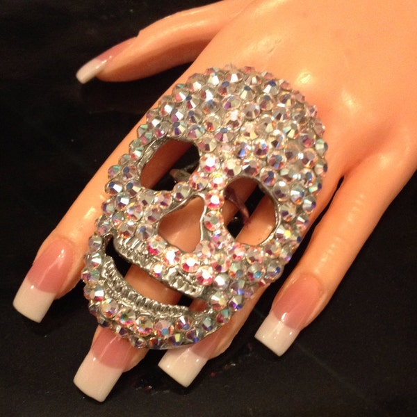 Large skull ring in AB swarovski crystal