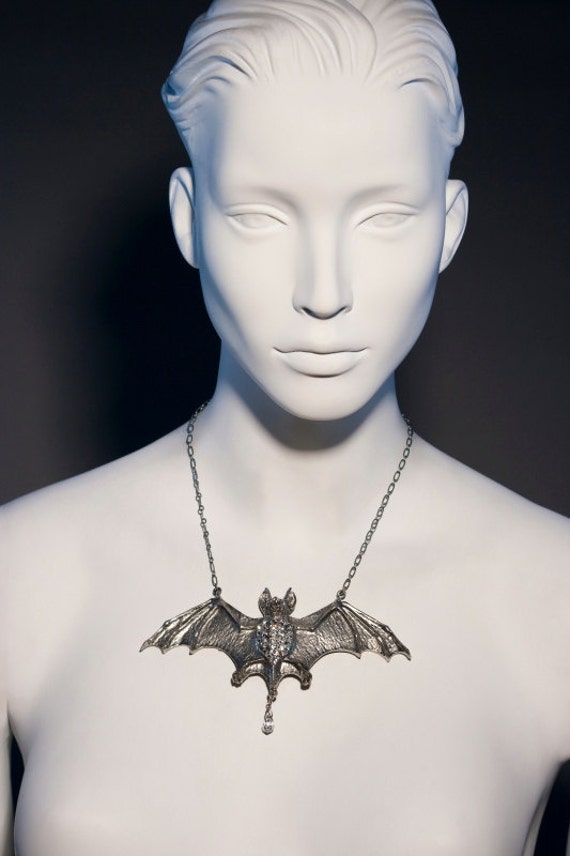 Bat Pendant Necklace Made With Clear Swarovski Crystals and Antique Silver Plated 6178PN