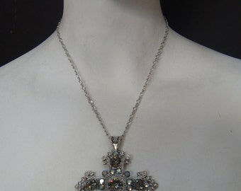 Black diamond and iridescent  Renaissance cross pendant necklace
