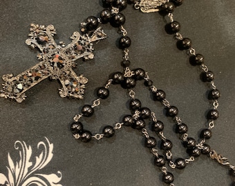 Crystal Rosary style necklace with large cross, multi use, Made with Black glass beads and  Hematite  Crystals on cross.