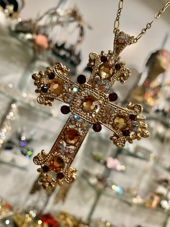 Cross Shape Bronze Medallion ~ Multi-Colors Gemstones & Rhinestones Chain Belt Rhinestone Cross Belt - Etsy main image 3