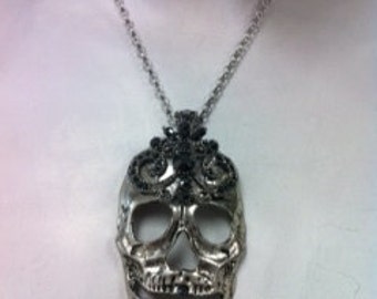 Skull Pendant Necklace With Crystal forehead  Made With Hematite Swarovski Crystals and Antique silver Plated