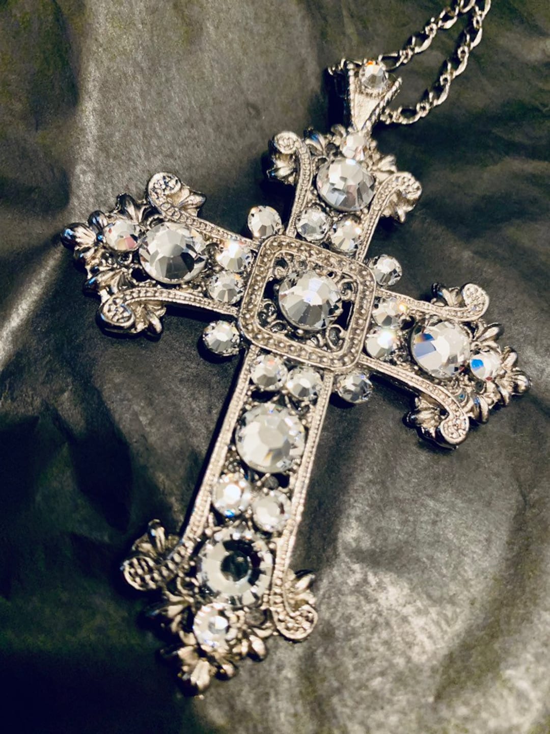 Renaissance Style - Silver With Clear Crystals Cross Pendant