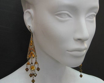 Cone Chandelier Earring Made with Topaz Swarovski Crystals plated in Antique Gold 5923