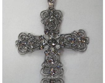 Large Cluster Crystal Cross Antique Silver Plated Made with Black Diamond (Gray)swarovski Crystals