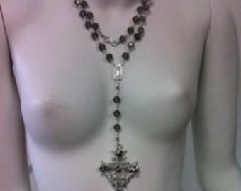 Crystal Rosary style necklace with large Ribbon cross, multi use, Made with Black diamond(Gray) Swarvoski Crystals