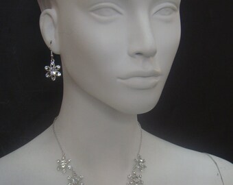 Daisy Flower Drop Necklace and Earring Set Silver Plated made with Clear Swarovski Crystals