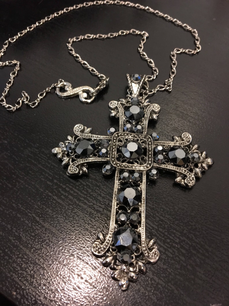 Gothic Renaissance Antique Silver and Hematite Crystal Cross Pendant Necklace 5201xn image 1