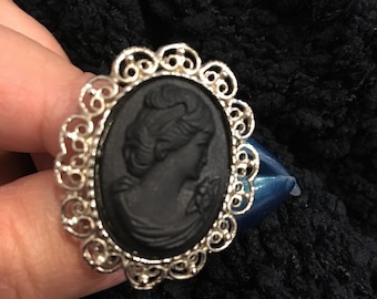 Black Cameo  Ring Silver  Plated Adjustable Band 842RING