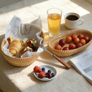 May include: A breakfast scene with woven wicker baskets holding pastries and plums. A glass of amber liquid and a white mug of coffee sit nearby. A small plate holds berries. A fork rests on the table.