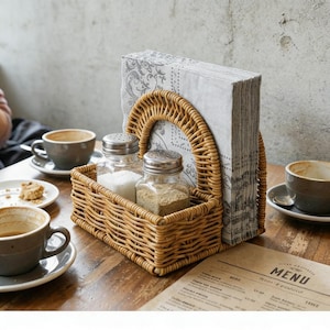 Pode incluir: Uma cesta de vime entrançado contém dois frascos de especiarias de vidro, uma pilha de guardanapos cinzentos estampados e um saleiro. A cesta está sobre uma mesa de madeira junto a um menu e xícaras de café.